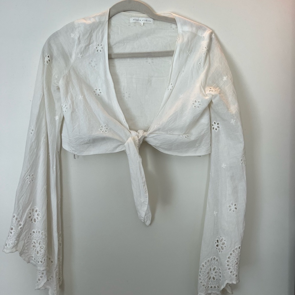 White Flutter Sleeve Tie Front Crop Blouse